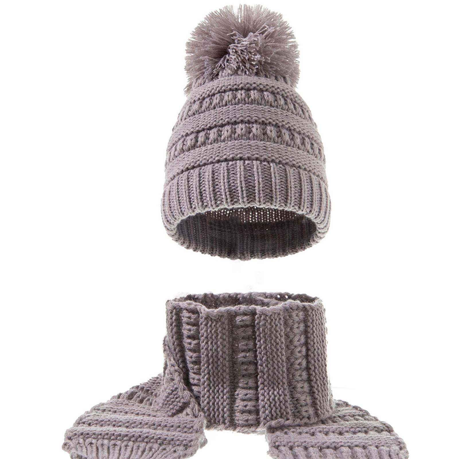 2Pcs Baby Winter Warm Hat Kids Knit Beanie Scarf Set Windproof Gray 2PCS
