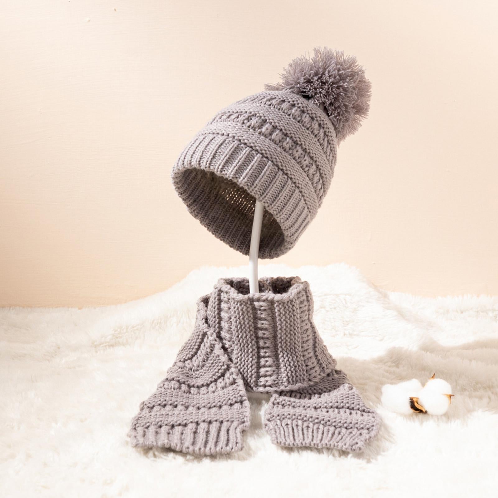2Pcs Baby Winter Warm Hat Kids Knit Beanie Scarf Set Windproof Gray 2PCS