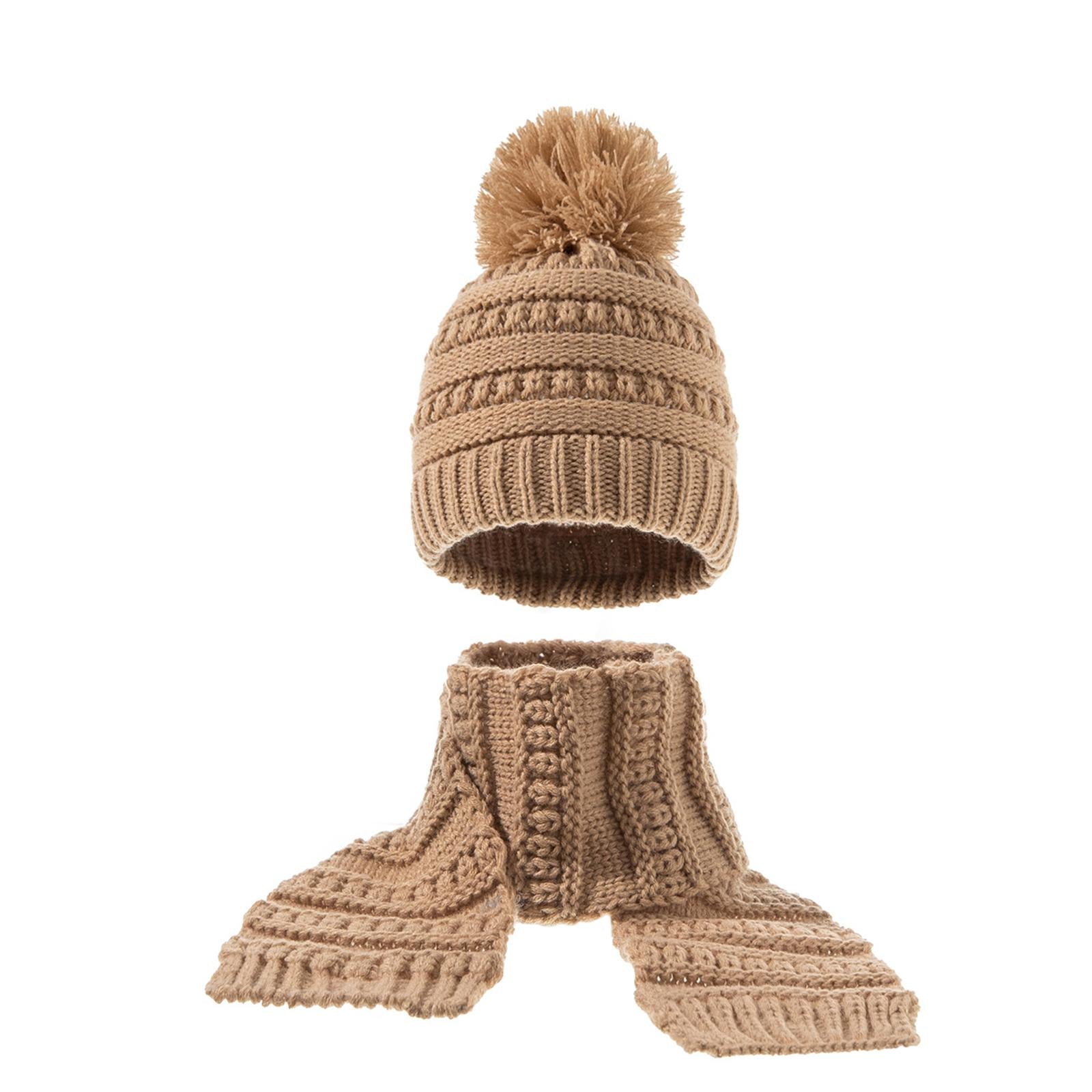 2Pcs Baby Winter Warm Hat Kids Knit Beanie Scarf Set Windproof Khaki 2PCS