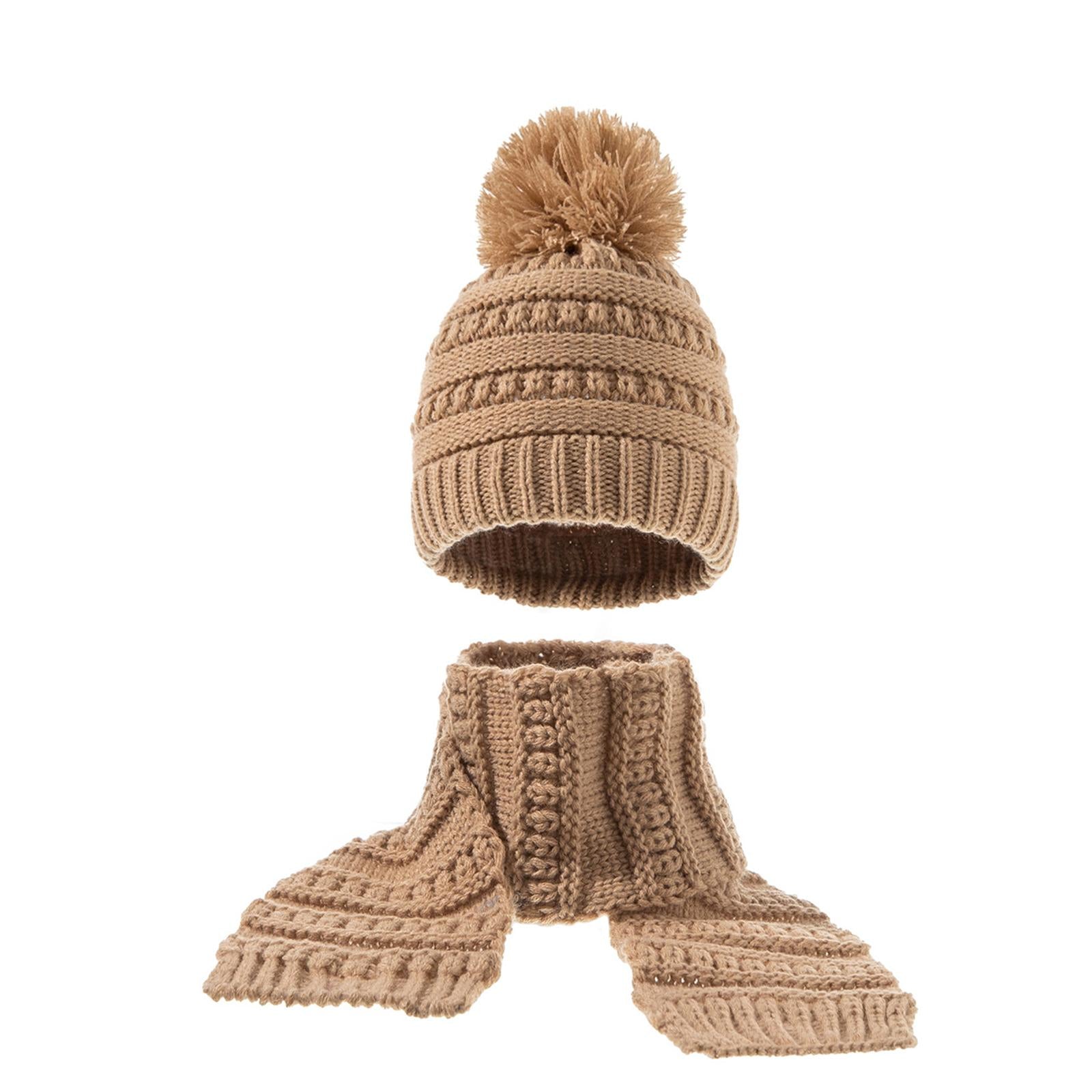 2Pcs Baby Winter Warm Hat Kids Knit Beanie Scarf Set Windproof Khaki 2PCS