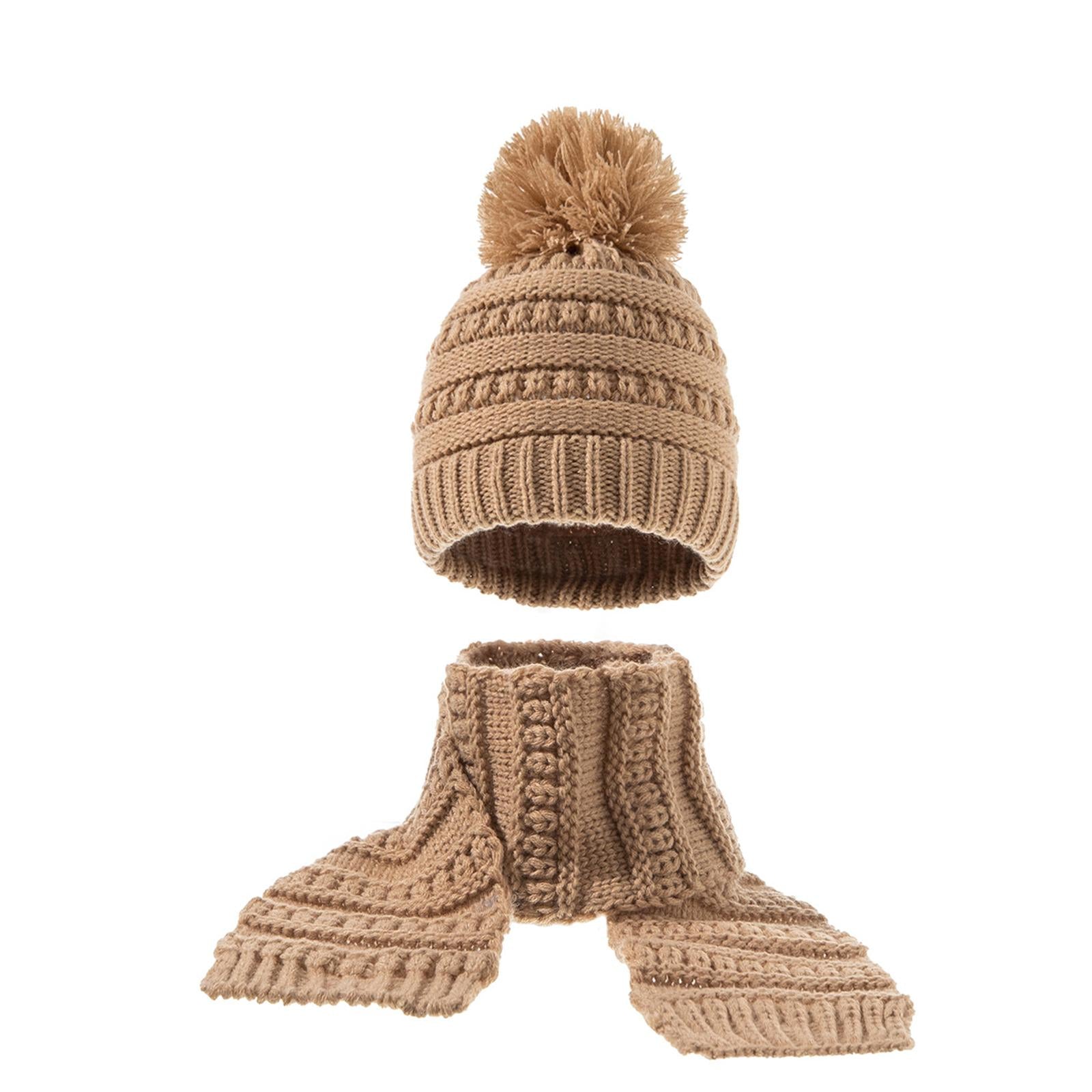 2Pcs Baby Winter Warm Hat Kids Knit Beanie Scarf Set Windproof Khaki 2PCS