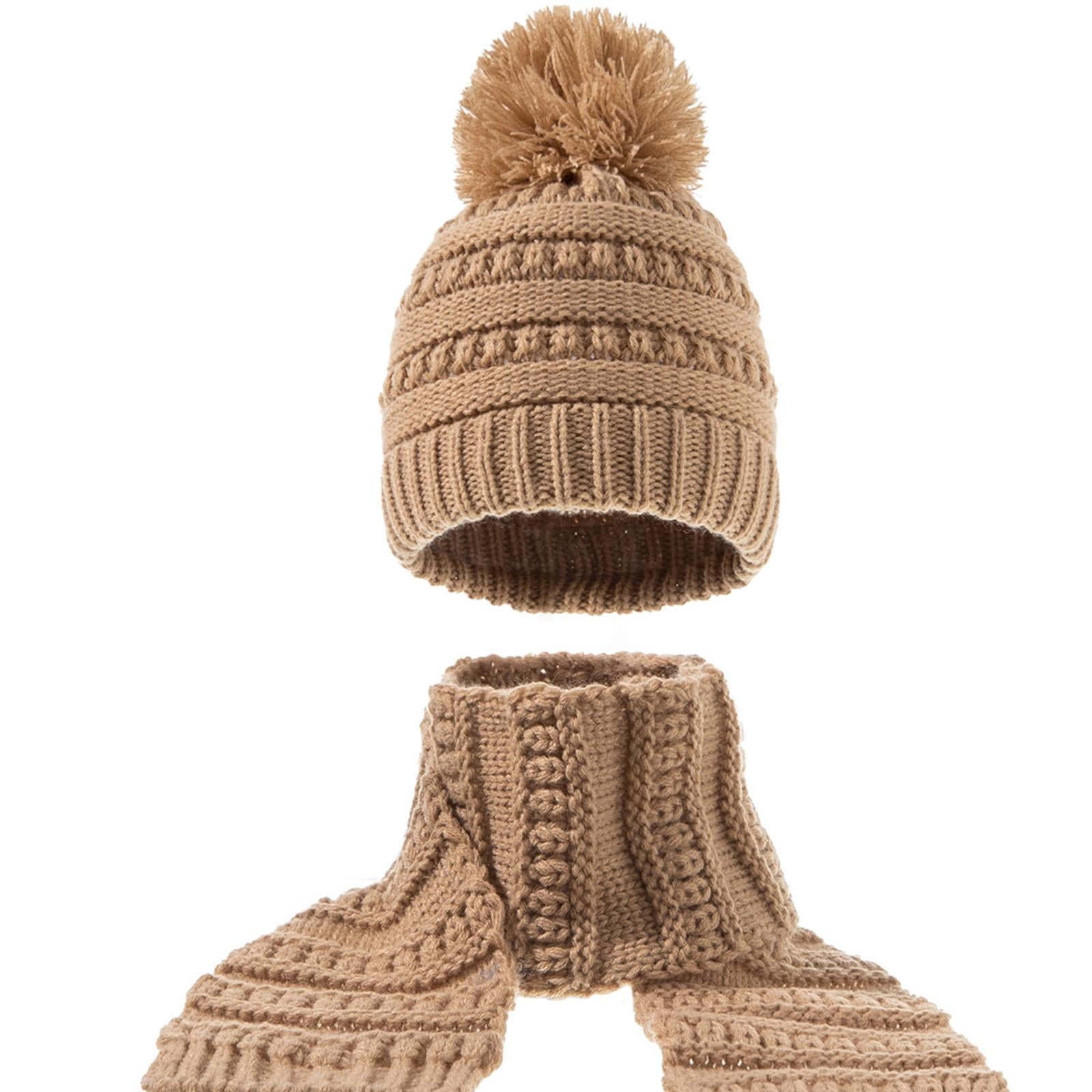 2Pcs Baby Winter Warm Hat Kids Knit Beanie Scarf Set Windproof Khaki 2PCS