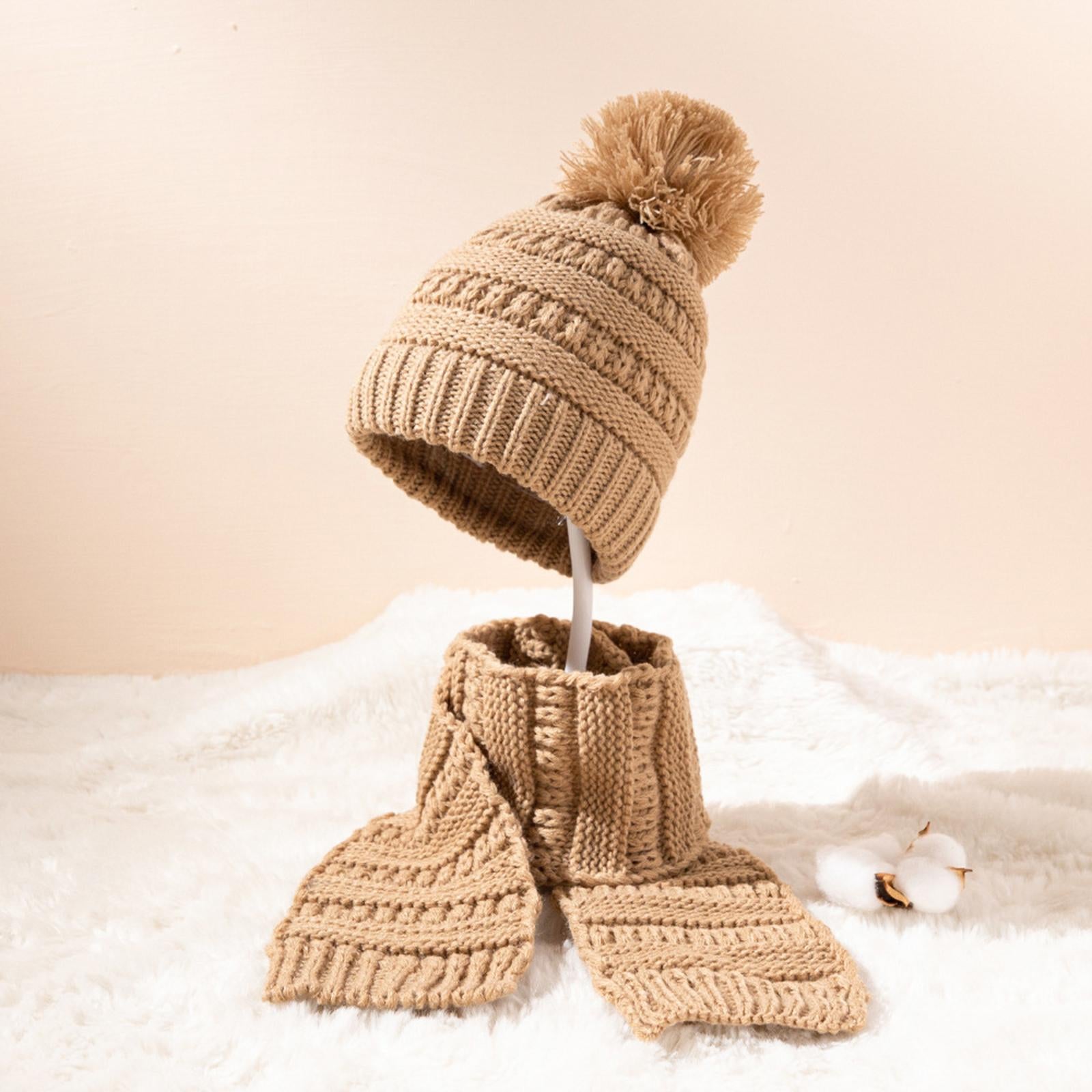 2Pcs Baby Winter Warm Hat Kids Knit Beanie Scarf Set Windproof Khaki 2PCS