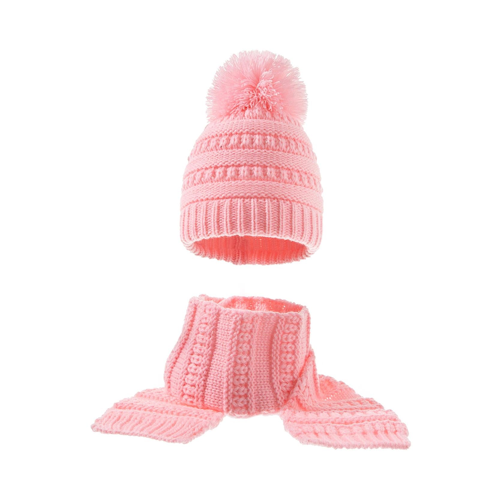 2Pcs Baby Winter Warm Hat Kids Knit Beanie Scarf Set Windproof Pink 2PCS