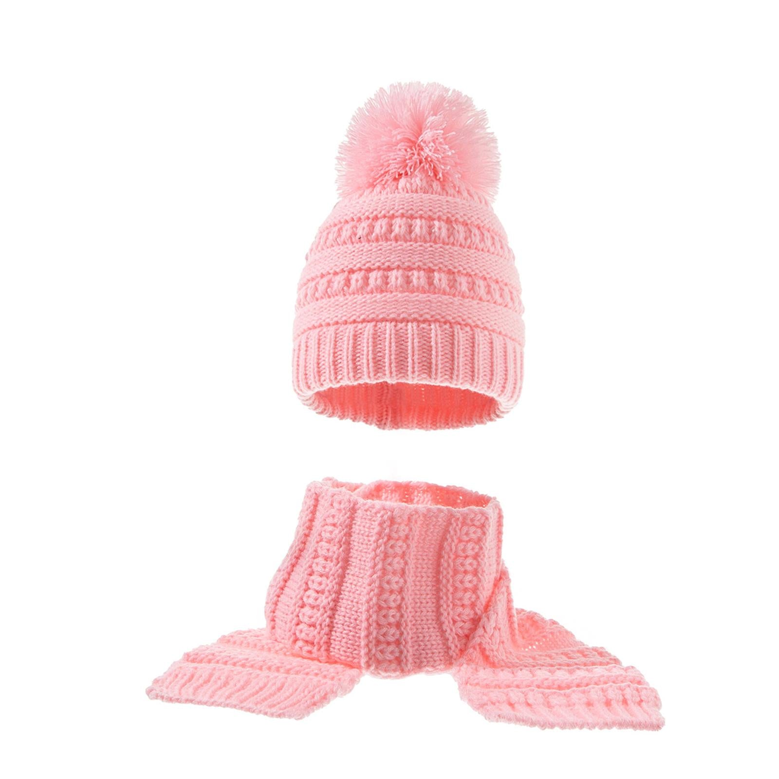 2Pcs Baby Winter Warm Hat Kids Knit Beanie Scarf Set Windproof Pink 2PCS