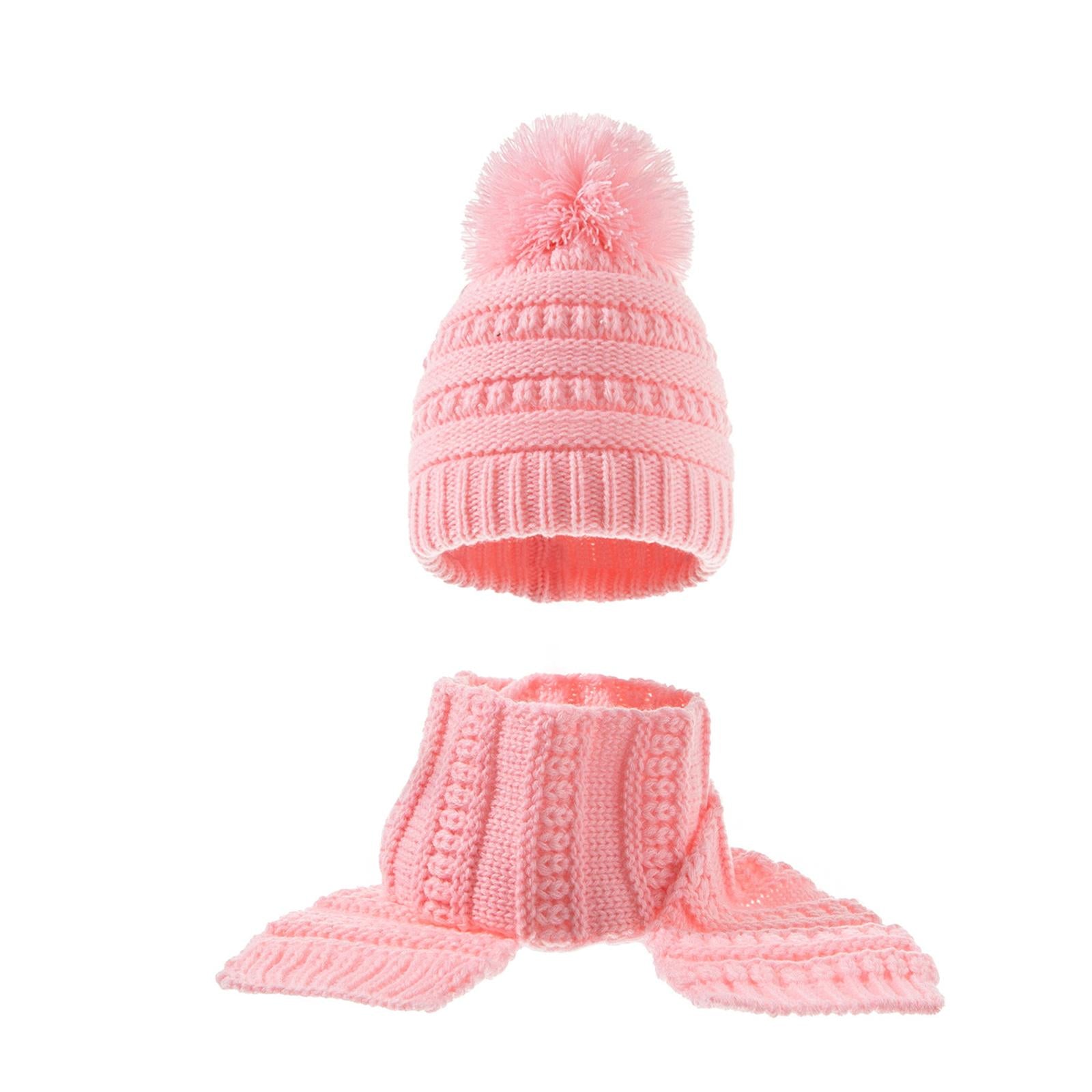 2Pcs Baby Winter Warm Hat Kids Knit Beanie Scarf Set Windproof Pink 2PCS