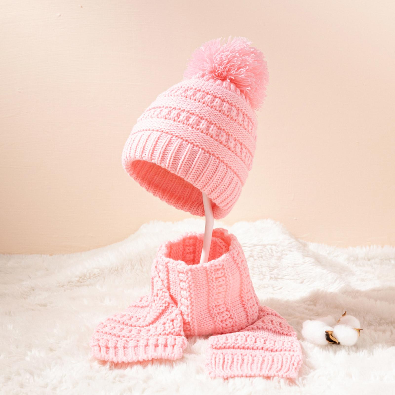 2Pcs Baby Winter Warm Hat Kids Knit Beanie Scarf Set Windproof Pink 2PCS