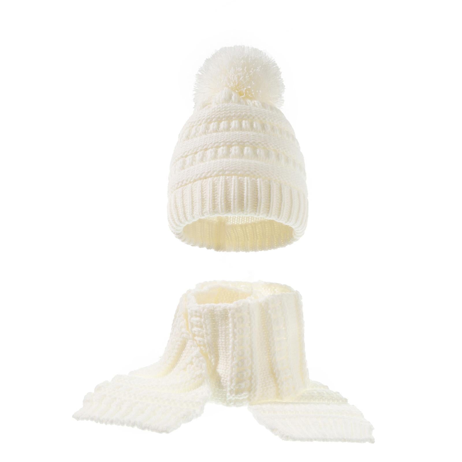 2Pcs Baby Winter Warm Hat Kids Knit Beanie Scarf Set Windproof White 2PCS