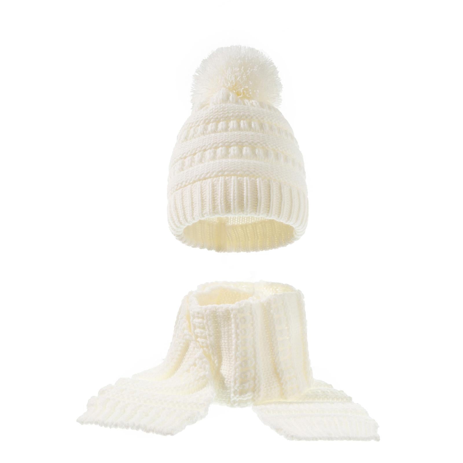 2Pcs Baby Winter Warm Hat Kids Knit Beanie Scarf Set Windproof White 2PCS