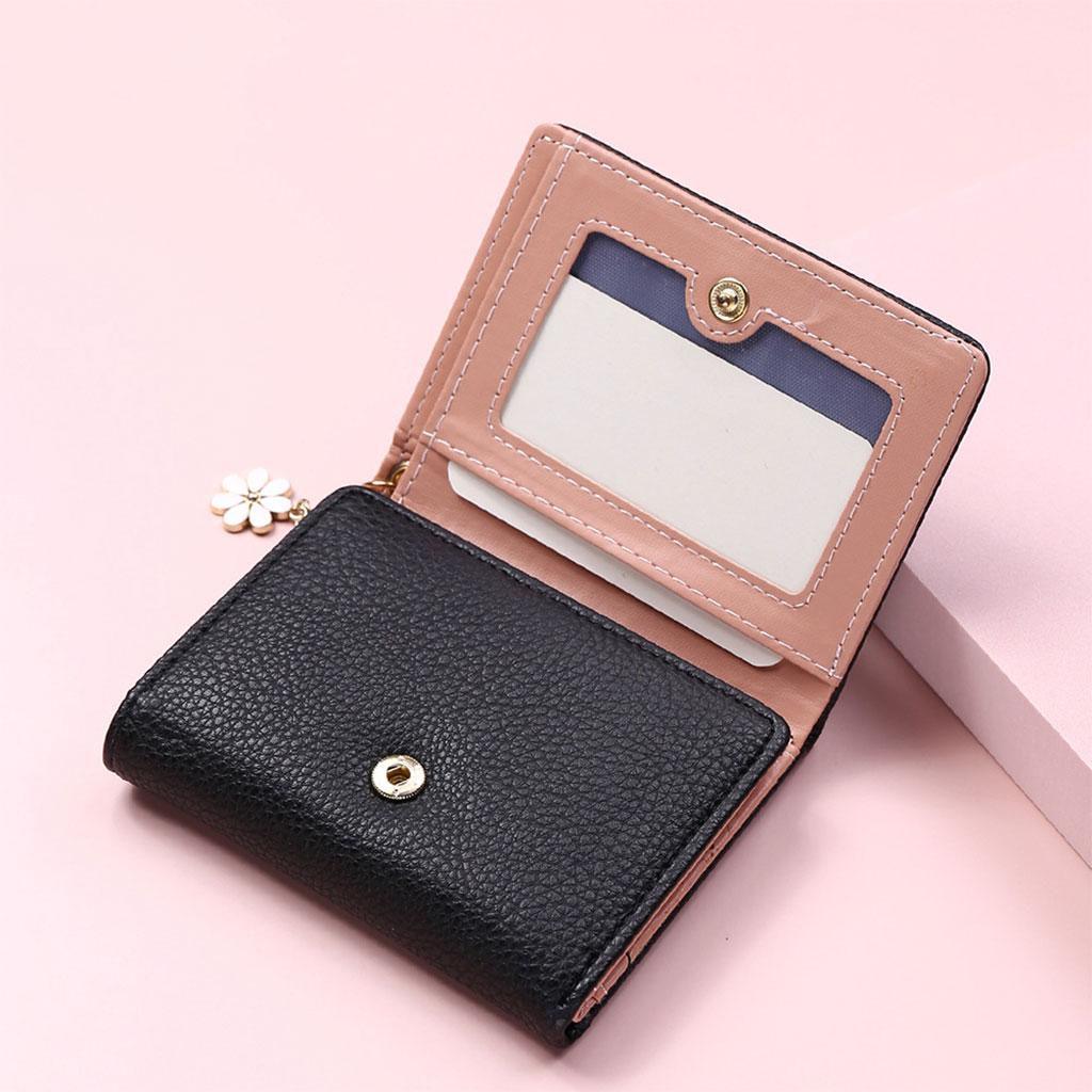 Women Wallet Mini Folding PU Leather Short with ID Window Coin Purse Black
