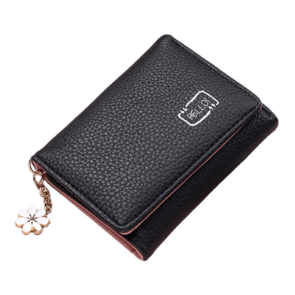 Women Wallet Mini Folding PU Leather Short with ID Window Coin Purse Black
