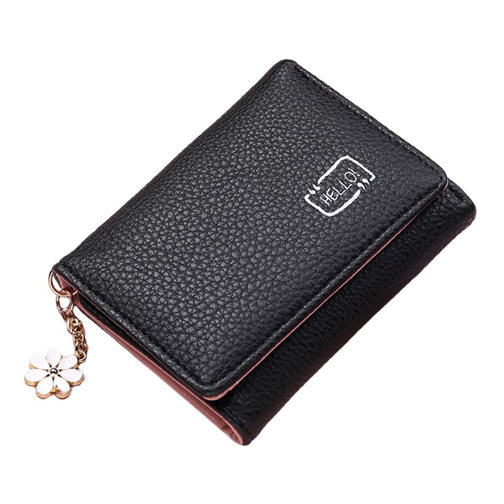 Women Wallet Mini Folding PU Leather Short with ID Window Coin Purse Black