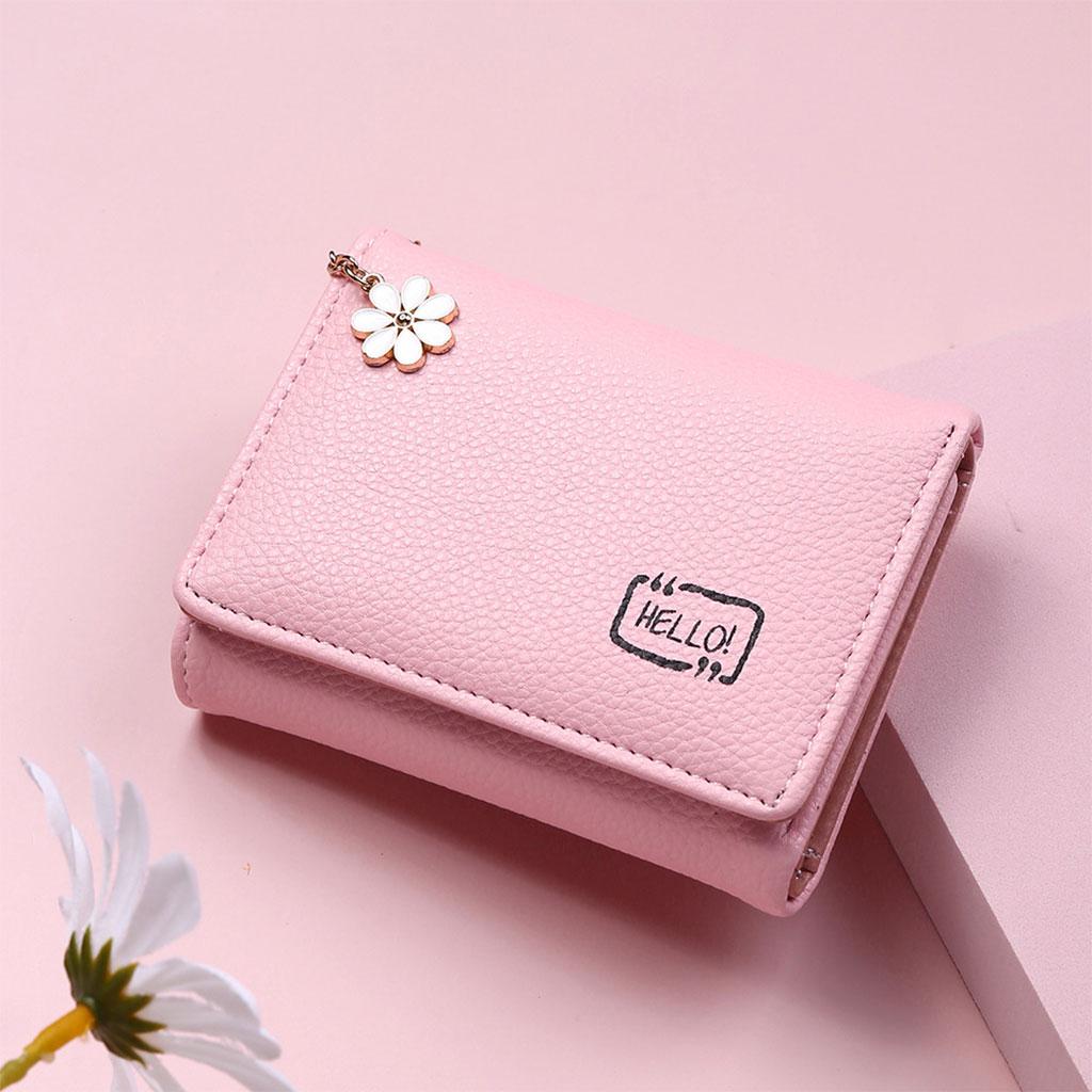 Women Wallet Mini Folding PU Leather Short with ID Window Coin Purse Pink