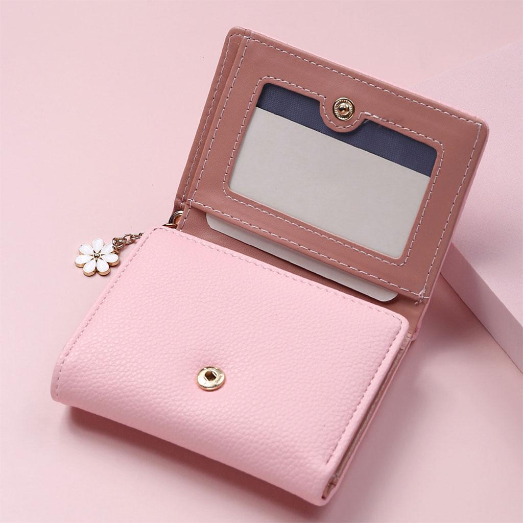 Women Wallet Mini Folding PU Leather Short with ID Window Coin Purse Pink