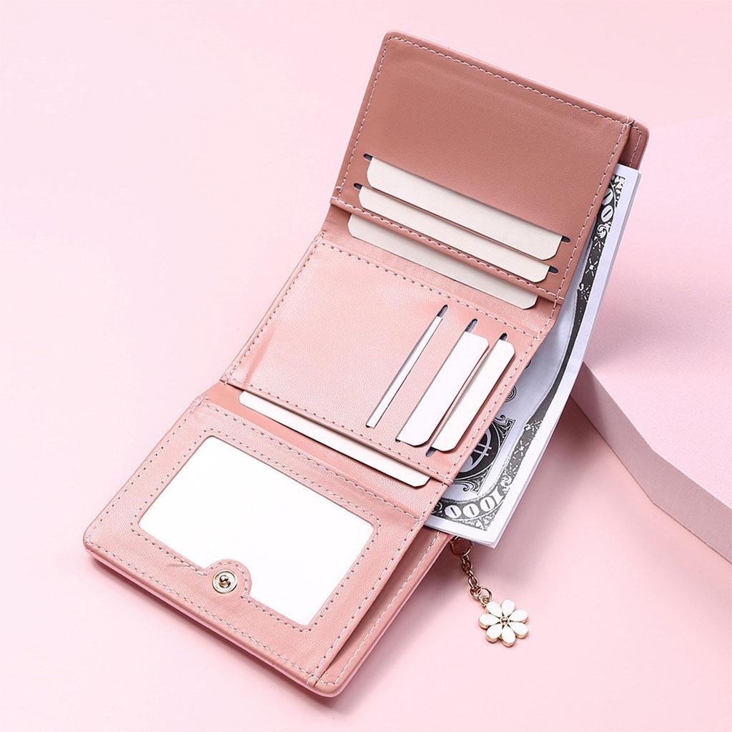 Women Wallet Mini Folding PU Leather Short with ID Window Coin Purse Pink