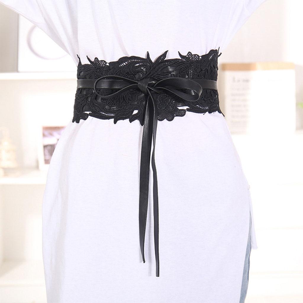 Women Lace Waist Belt Wrap Around Tie Obi Cinch Waistband Boho Women Belt Black