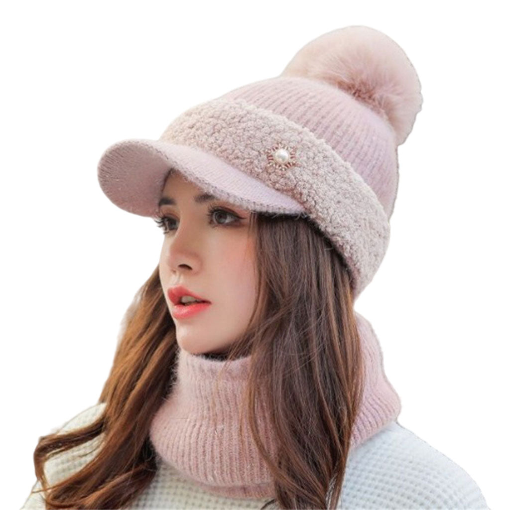 Warm Beanie Hat Scarf Set Skull Caps Knit Slouchy Snow Ski Cycling  Pink