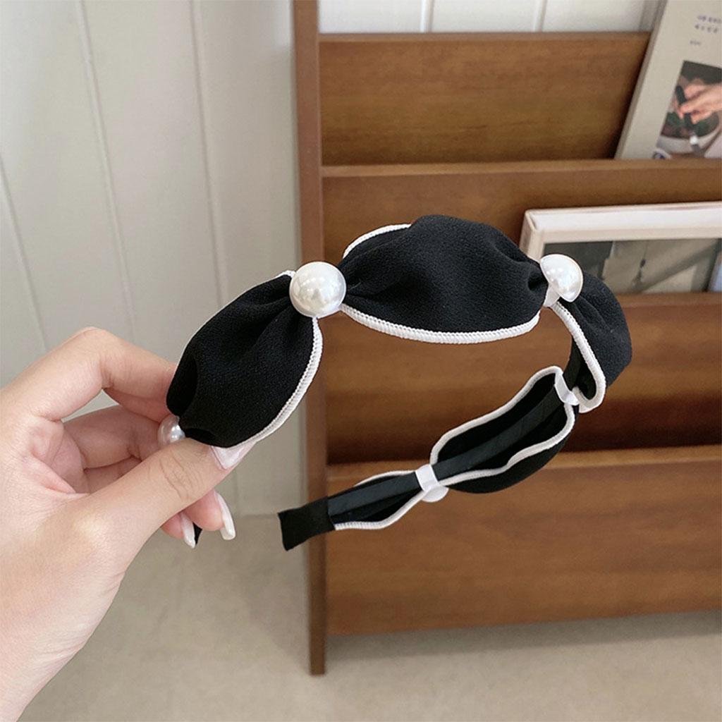 Wide Headband Headwear Bow Pearl Fashion Hair Accessories Hairband Black