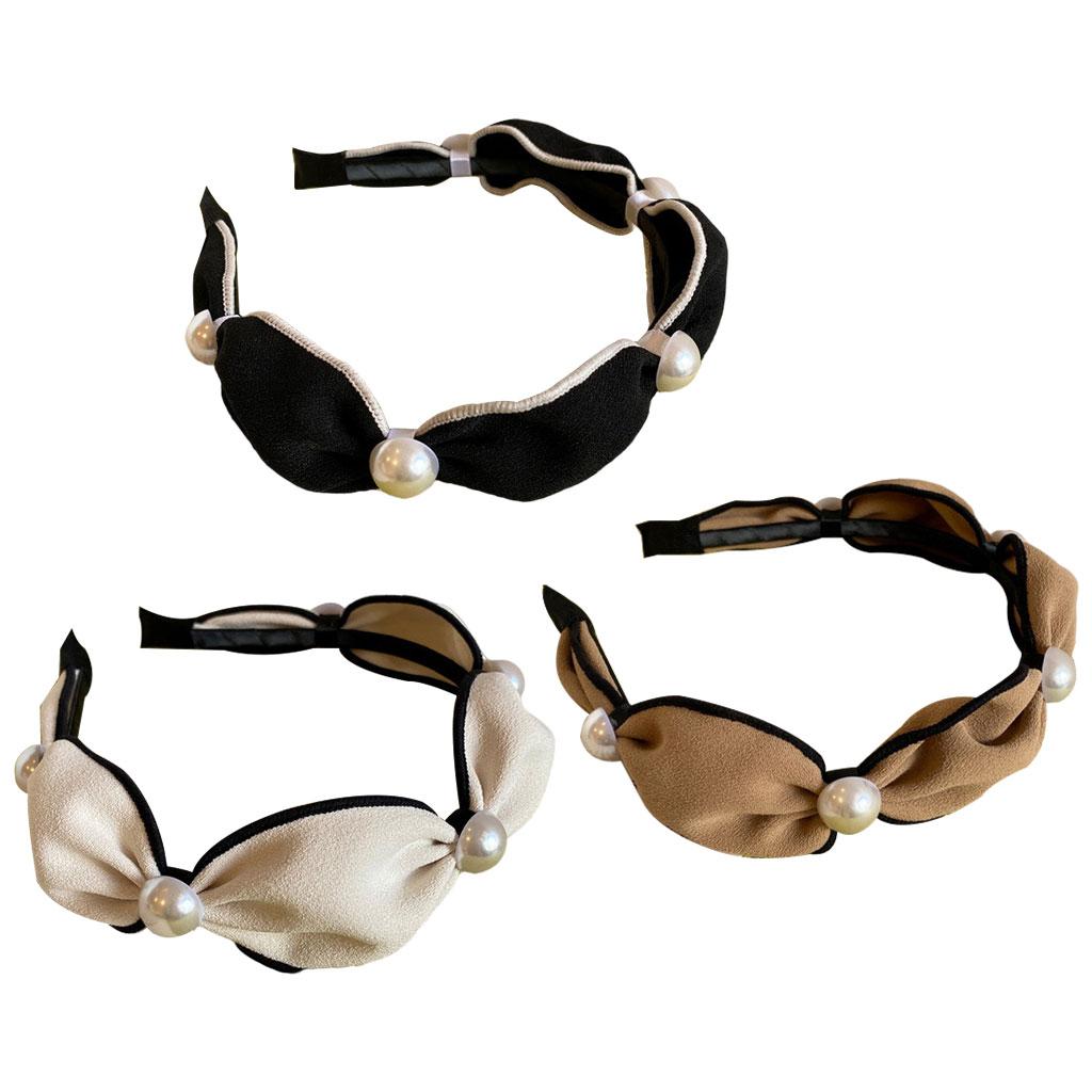 Wide Headband Headwear Bow Pearl Fashion Hair Accessories Hairband Black