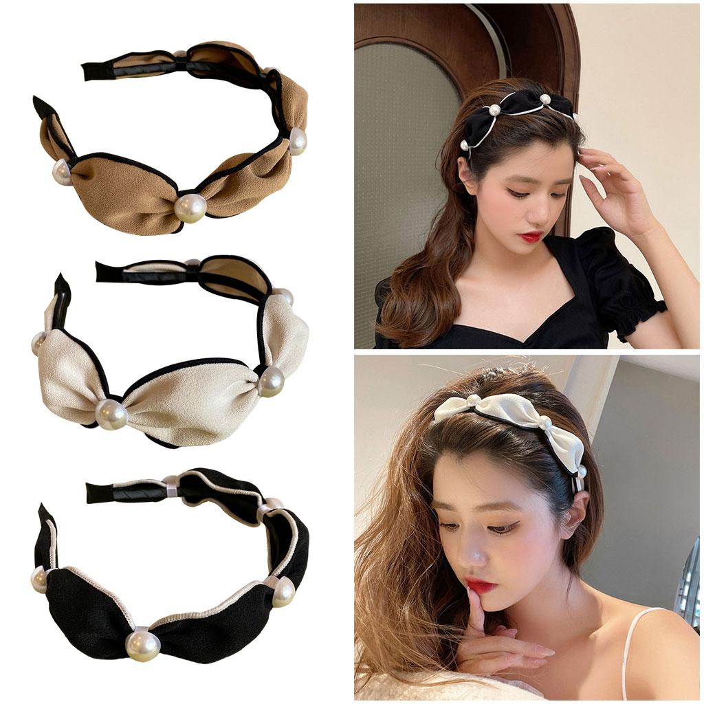 Wide Headband Headwear Bow Pearl Fashion Hair Accessories Hairband Black