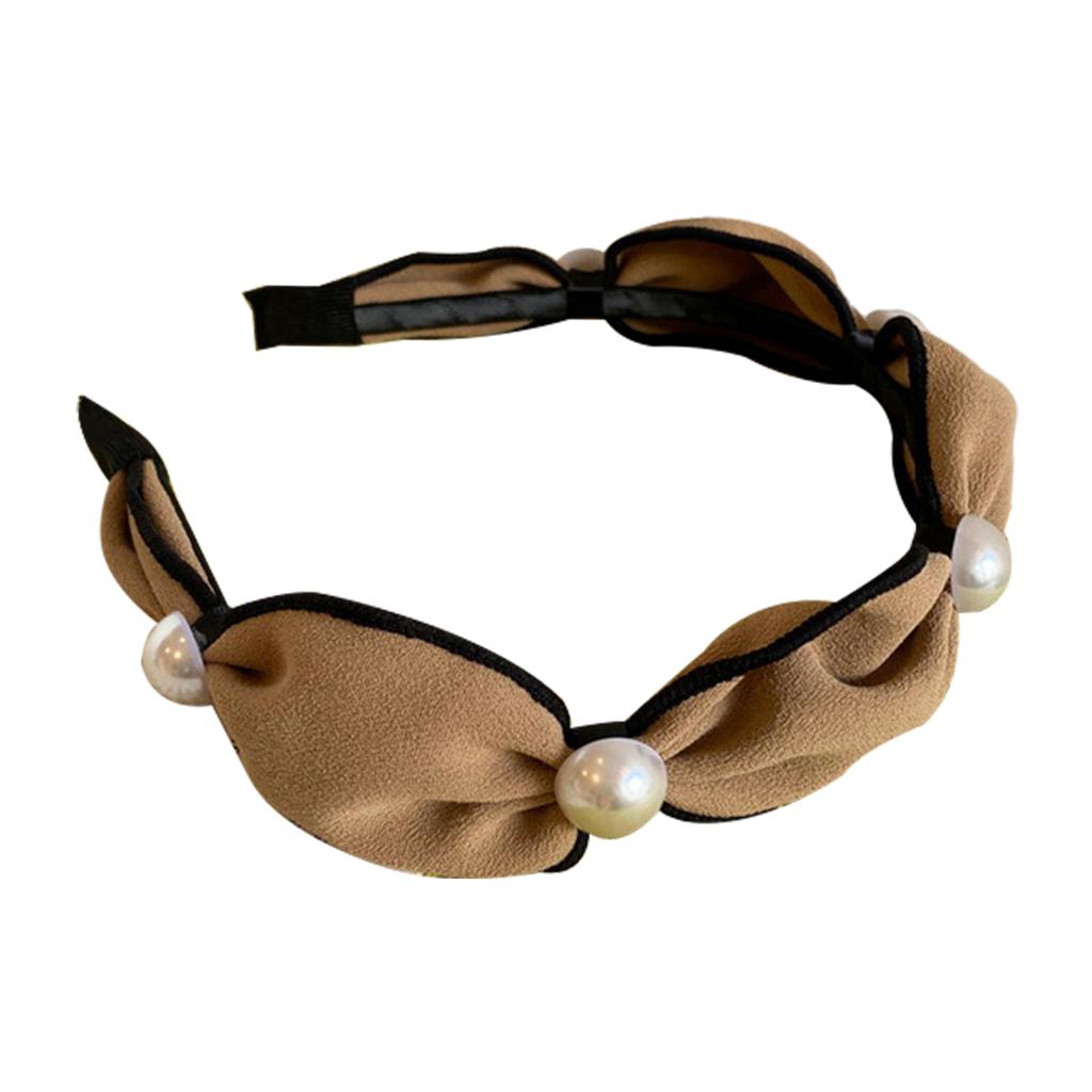 Wide Headband Headwear Bow Pearl Fashion Hair Accessories Hairband Khaki