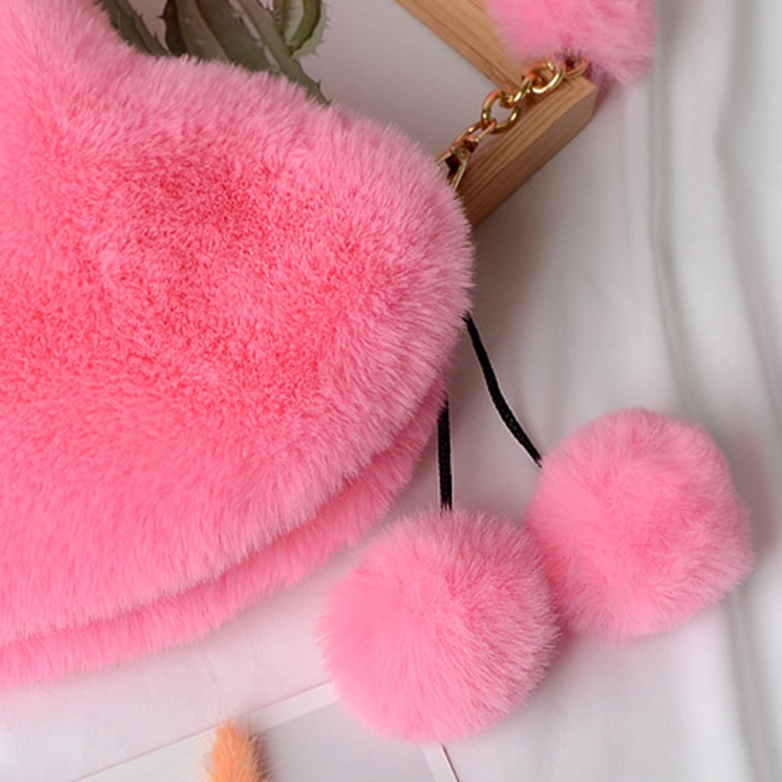 Stylish Women's Faux Fur Handbag Plush Furry Top-Handle Tote Shoulder Bag Rosy