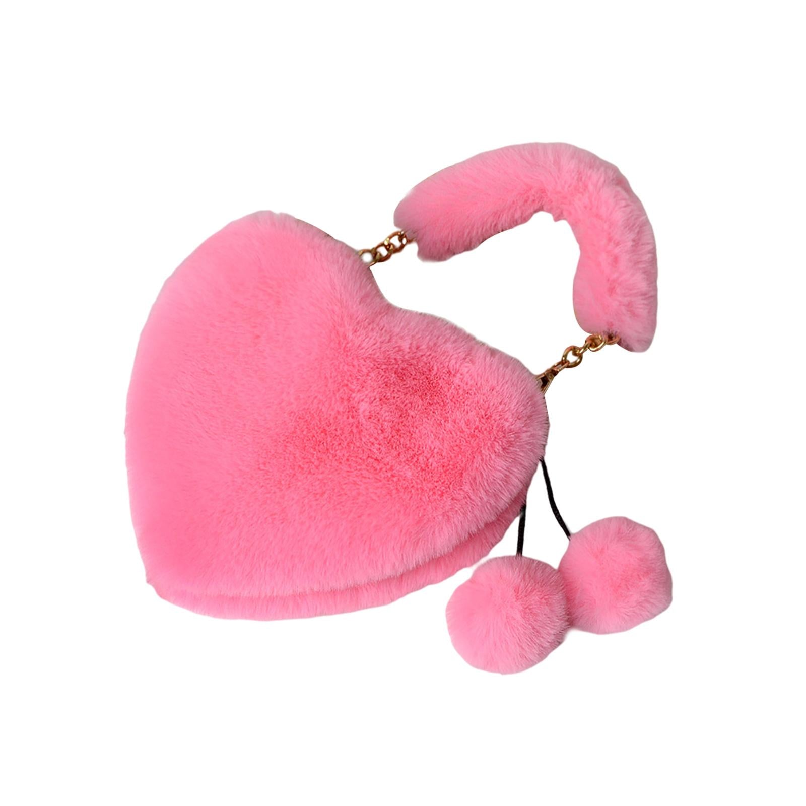 Stylish Women's Faux Fur Handbag Plush Furry Top-Handle Tote Shoulder Bag Rosy