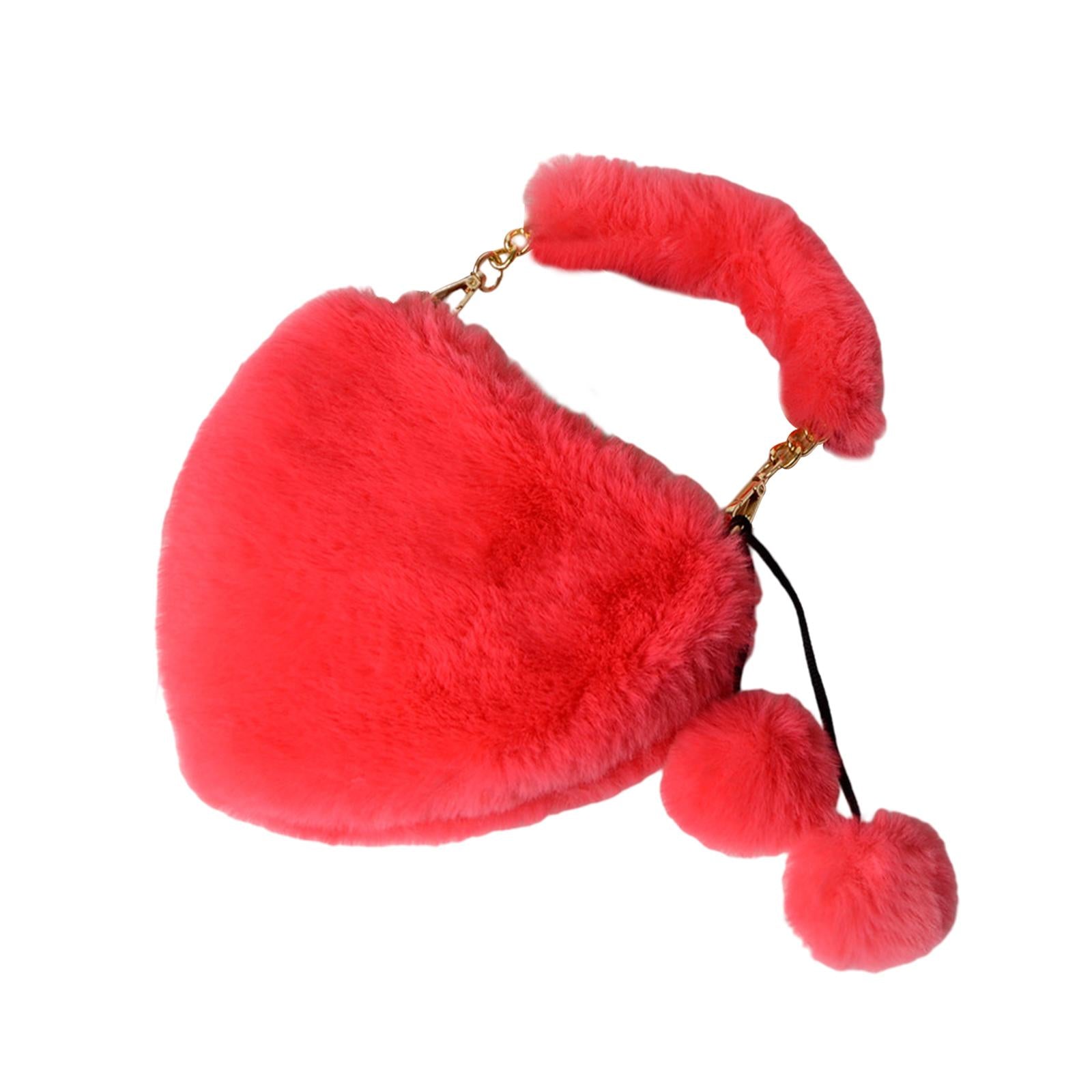 Stylish Women's Faux Fur Handbag Plush Furry Top-Handle Tote Shoulder Bag Red Pink