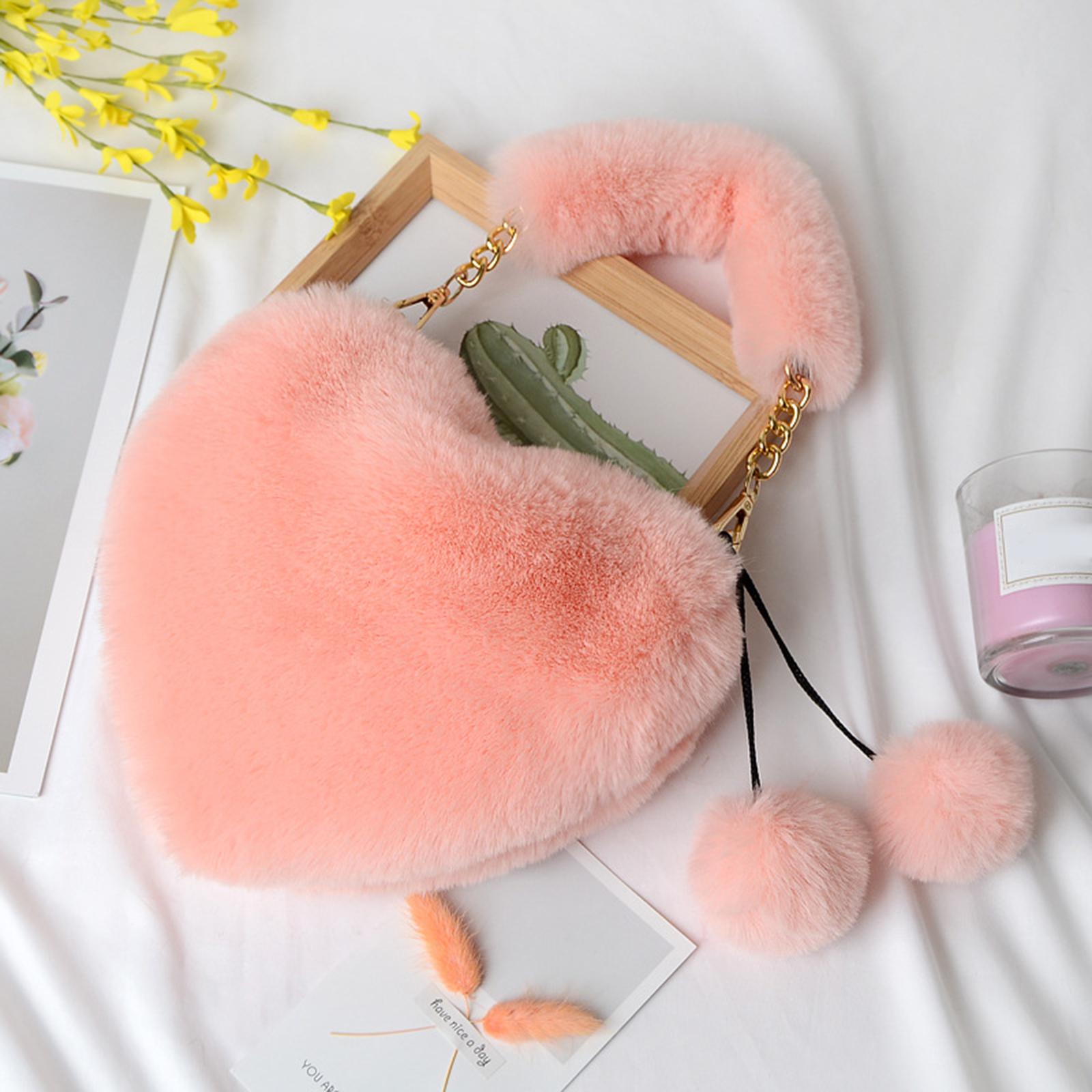 Stylish Women's Faux Fur Handbag Plush Furry Top-Handle Tote Shoulder Bag Pink