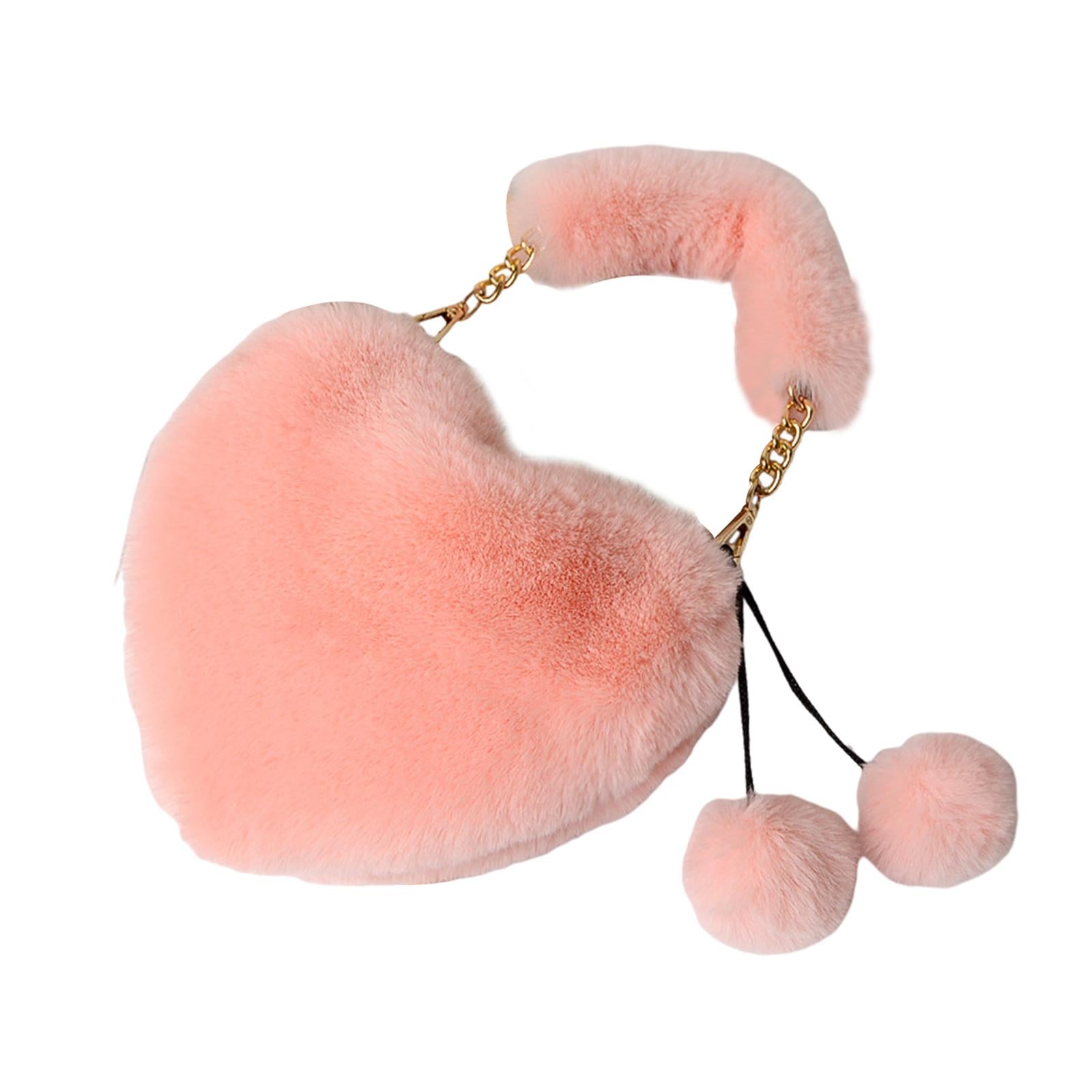 Stylish Women's Faux Fur Handbag Plush Furry Top-Handle Tote Shoulder Bag Pink