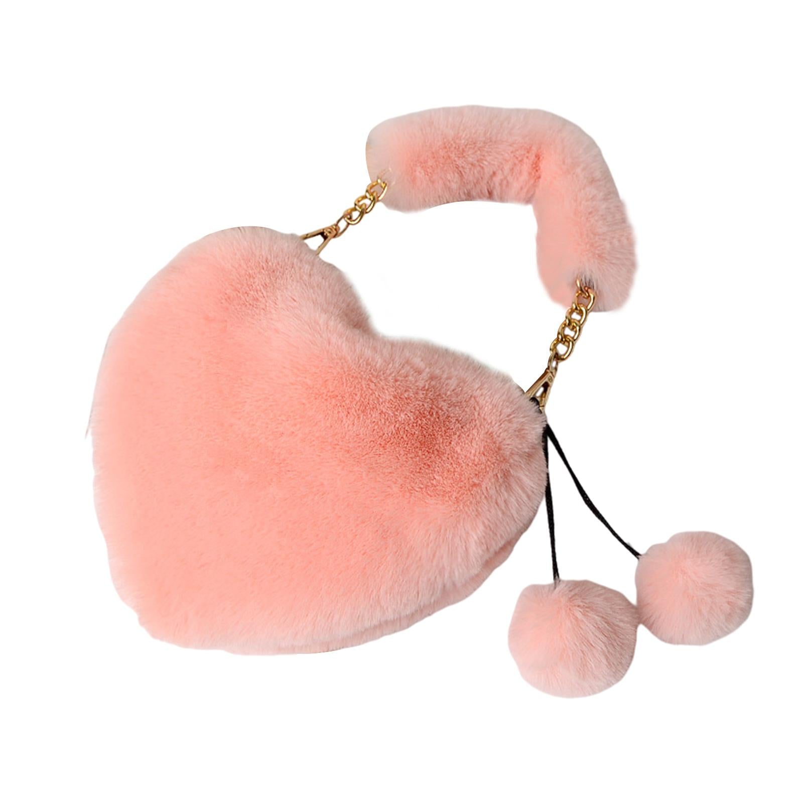 Stylish Women's Faux Fur Handbag Plush Furry Top-Handle Tote Shoulder Bag Pink