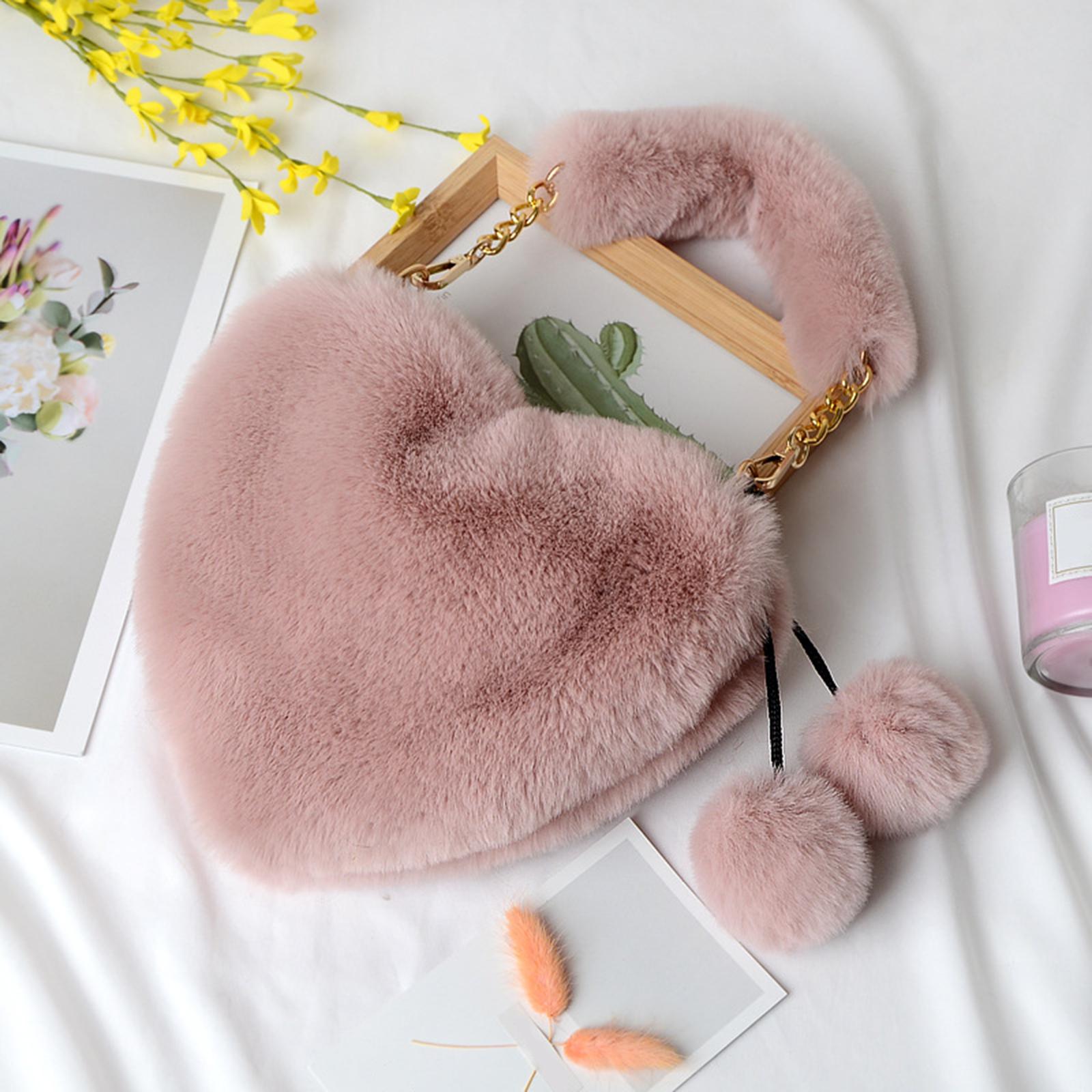 Stylish Women's Faux Fur Handbag Plush Furry Top-Handle Tote Shoulder Bag Gray Pink