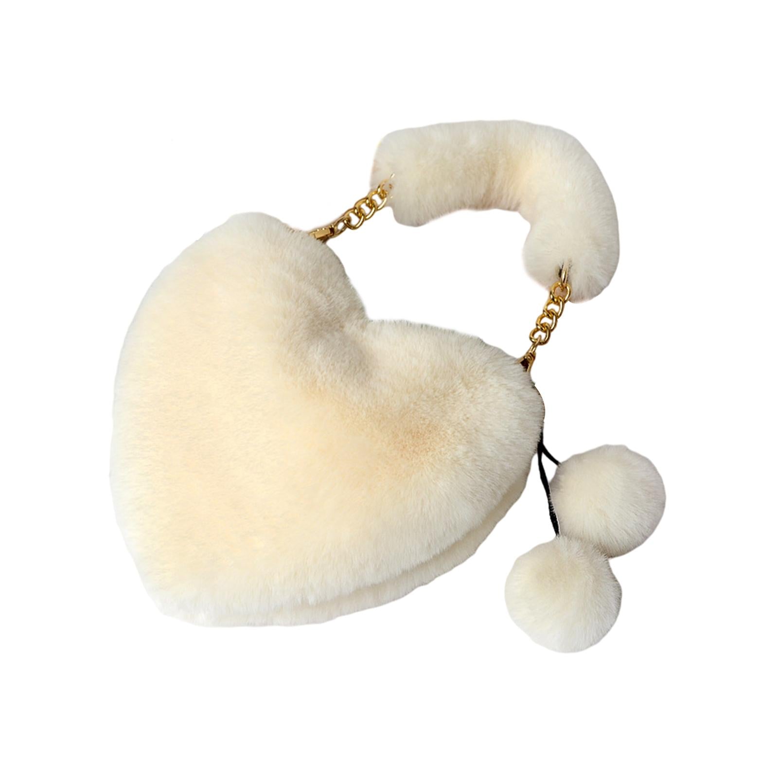 Stylish Women's Faux Fur Handbag Plush Furry Top-Handle Tote Shoulder Bag White