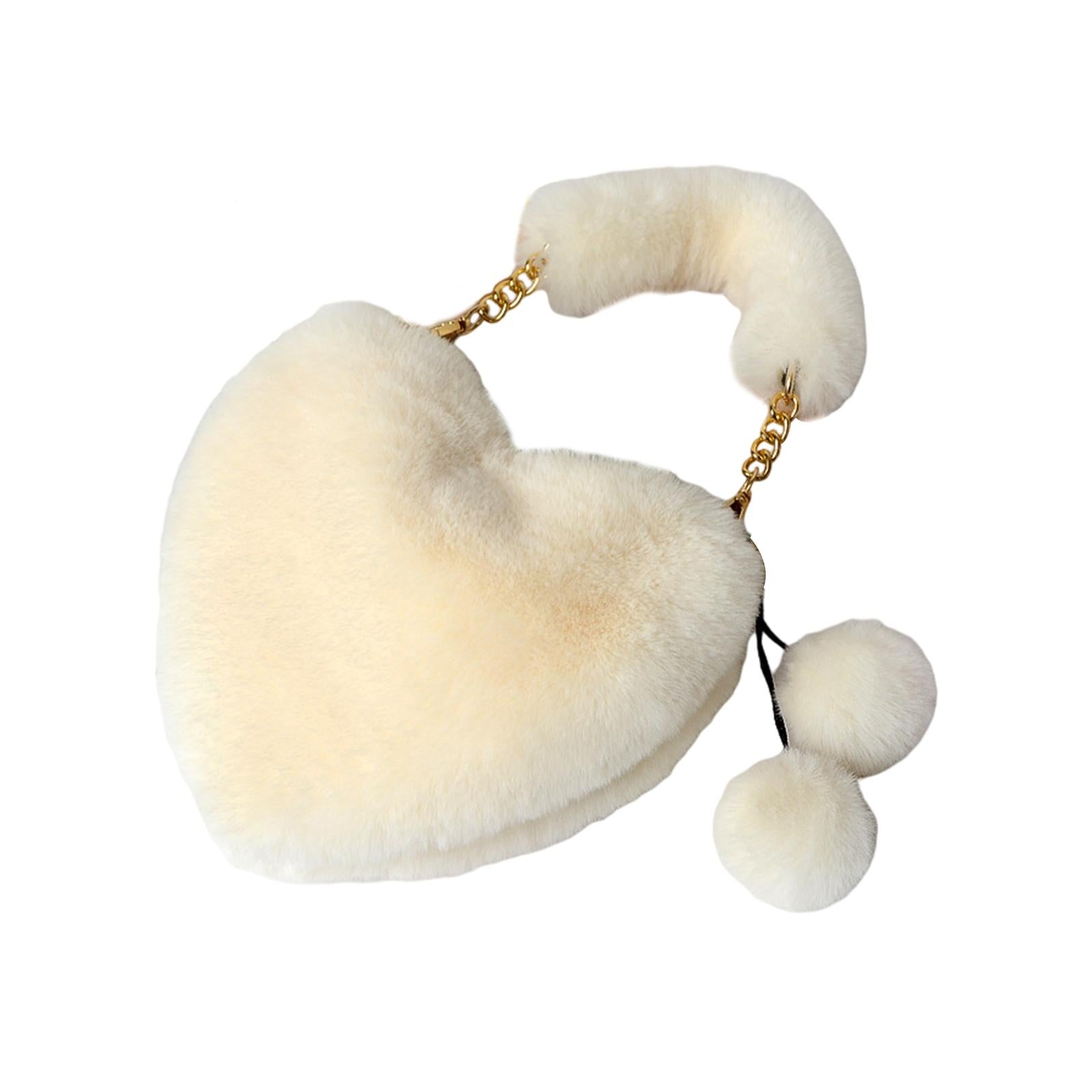 Stylish Women's Faux Fur Handbag Plush Furry Top-Handle Tote Shoulder Bag White