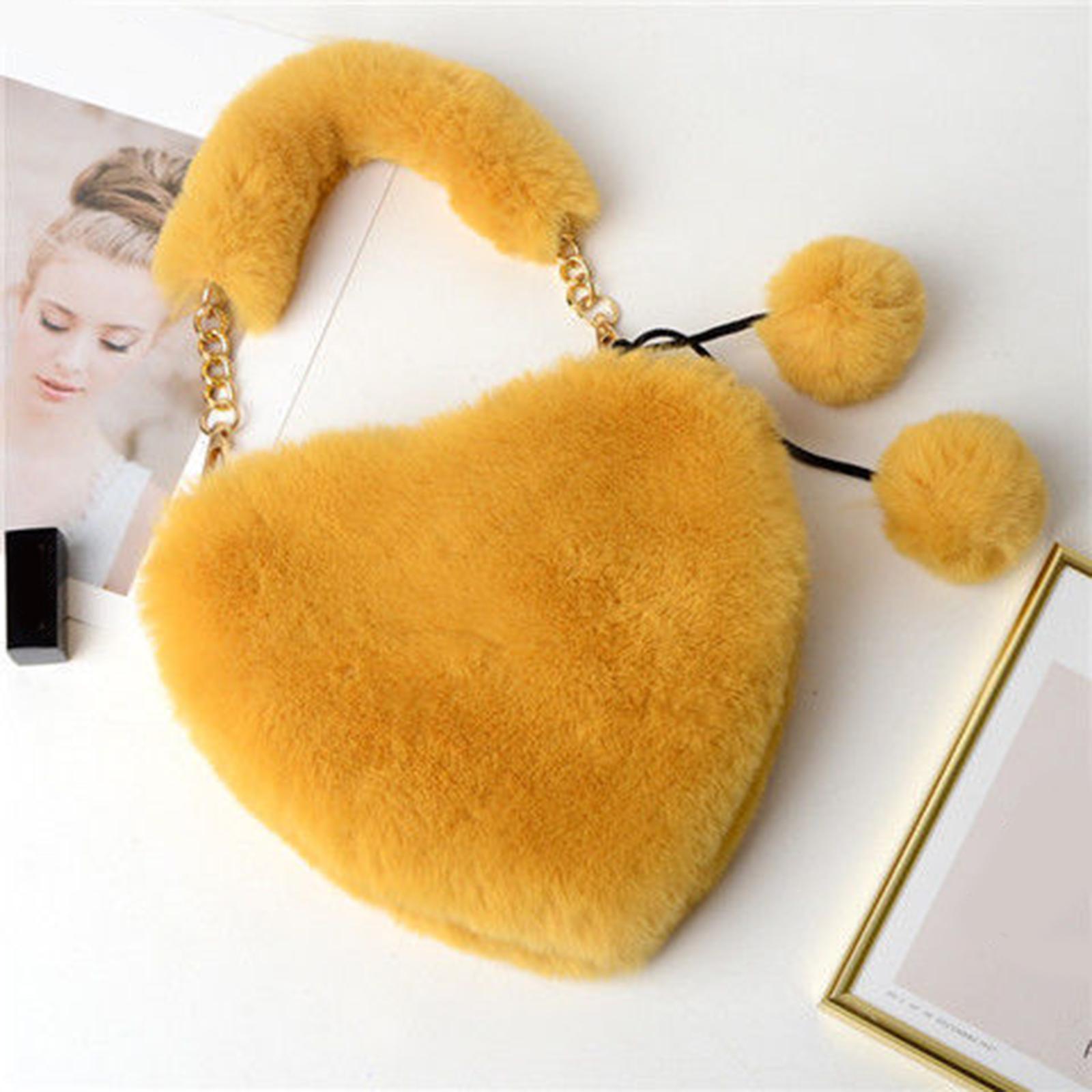 Stylish Women's Faux Fur Handbag Plush Furry Top-Handle Tote Shoulder Bag Yellow