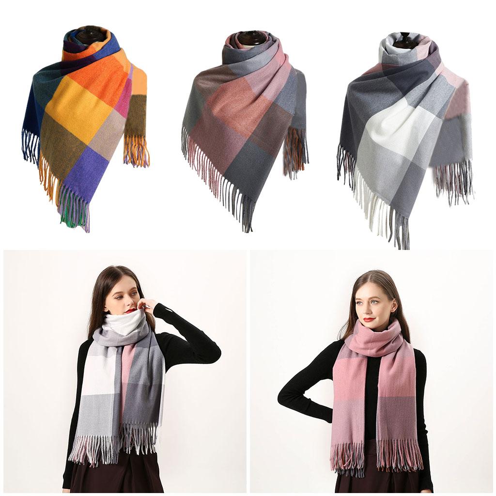 Womens Winter Plaid Scarf Fall Big Grid Neck Wrap Cape Gift Blue Yellow