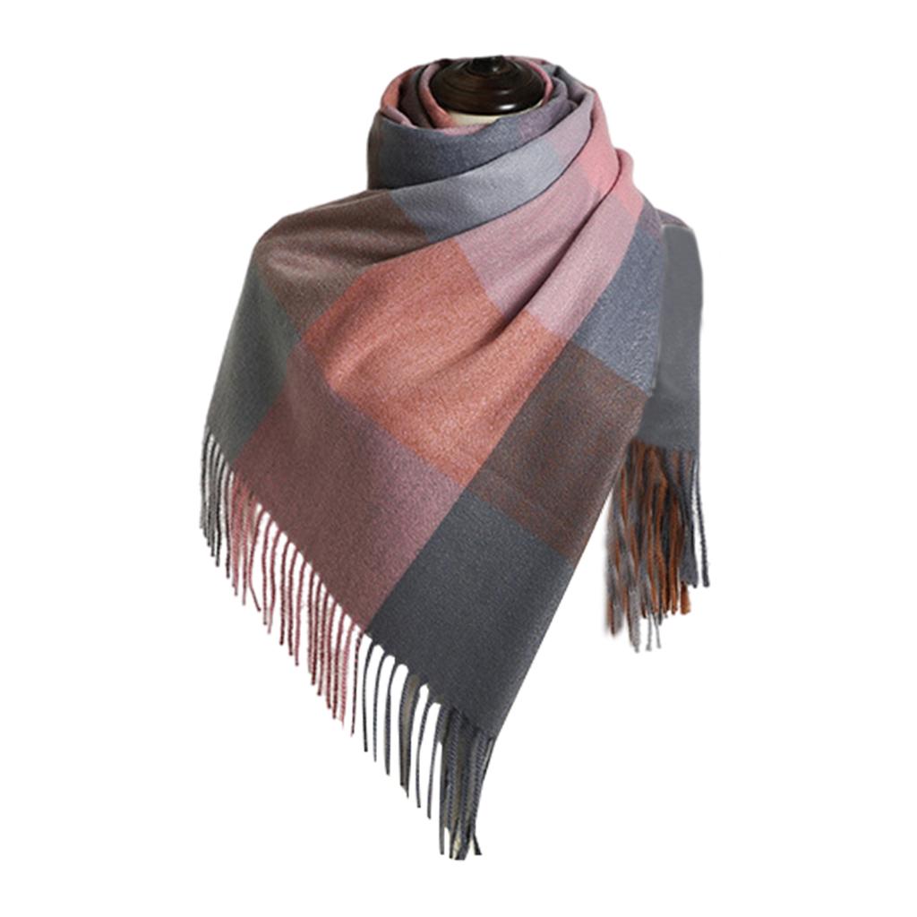 Womens Winter Plaid Scarf Fall Big Grid Neck Wrap Cape Gift Pink Gray