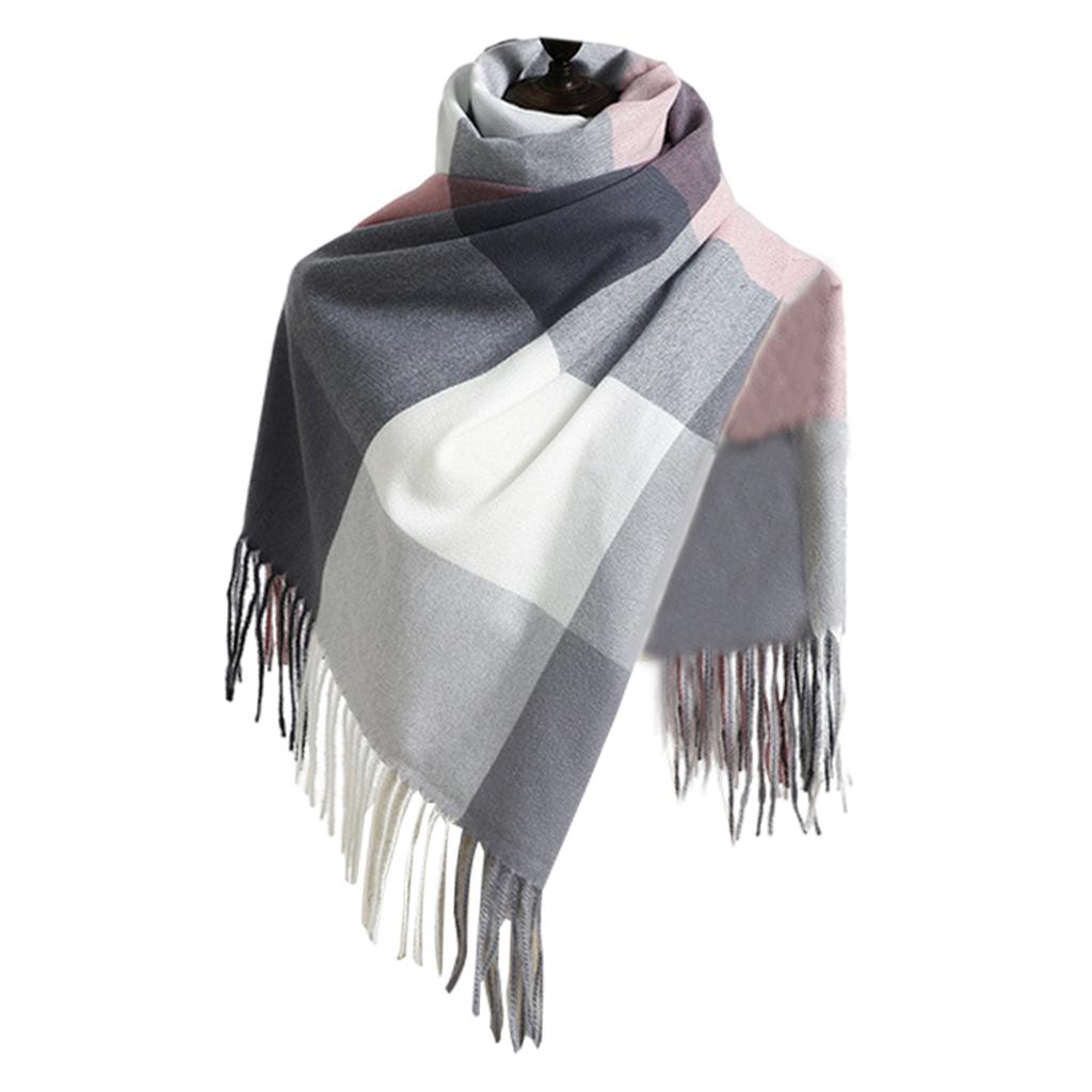 Womens Winter Plaid Scarf Fall Big Grid Neck Wrap Cape Gift Gray White
