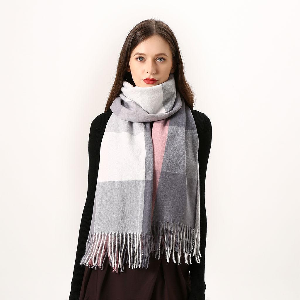 Womens Winter Plaid Scarf Fall Big Grid Neck Wrap Cape Gift Gray White
