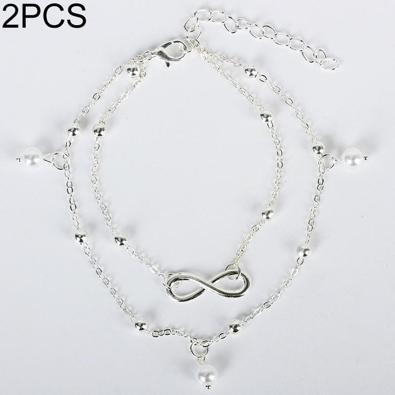2 PCS Summer Style Gold/Silver Color Layered Chain Infinity Charm Anklets For Women Ankle Bracelet (Silver)