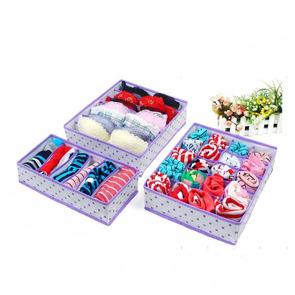 3Pcs Set Foldable Underwear Drawer Bra Socks Wardrobe Organizer Storage Purple