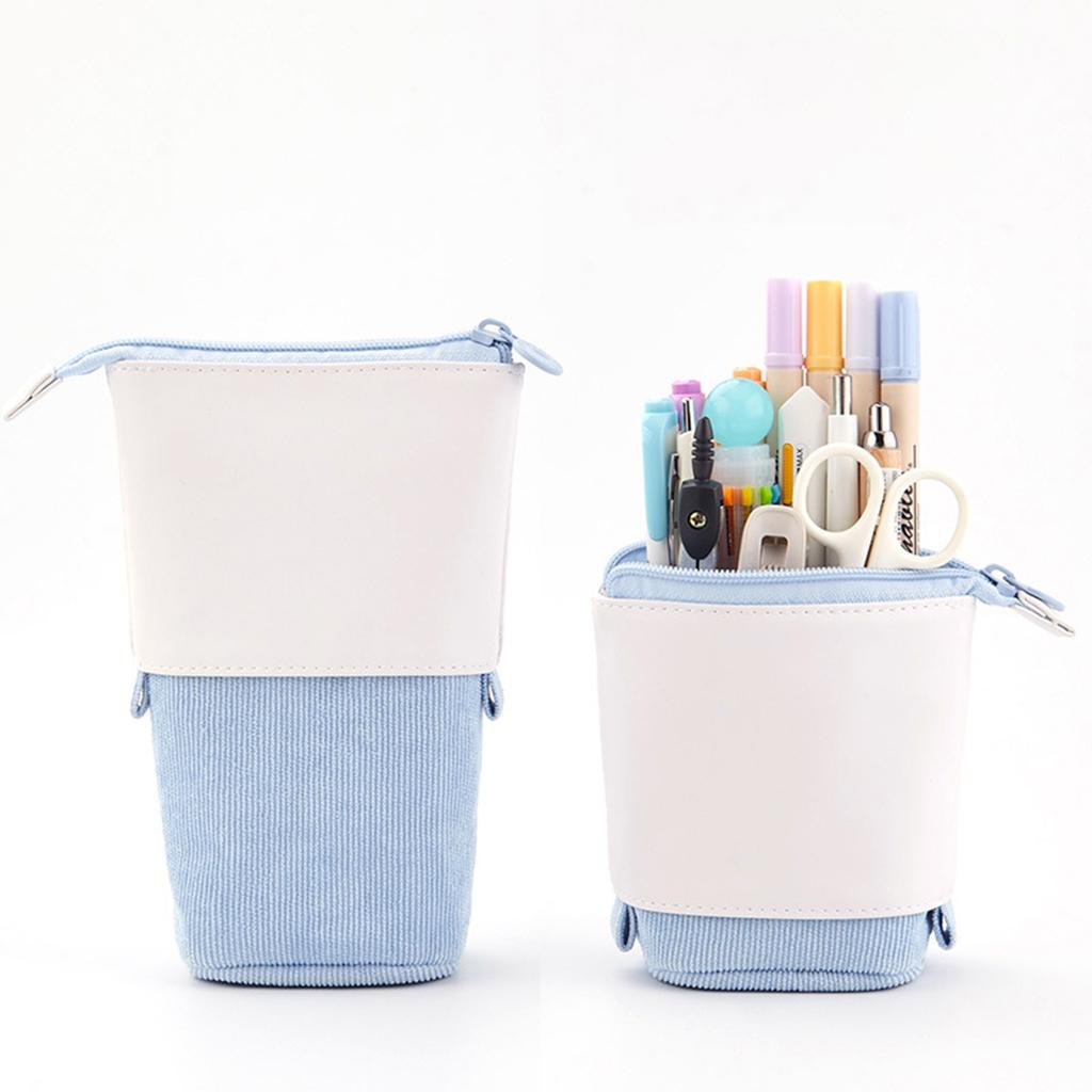 Pen Telescopic Holder Case Portable PU Corduroy Cosmetics Pouch Makeup Bag light yellow