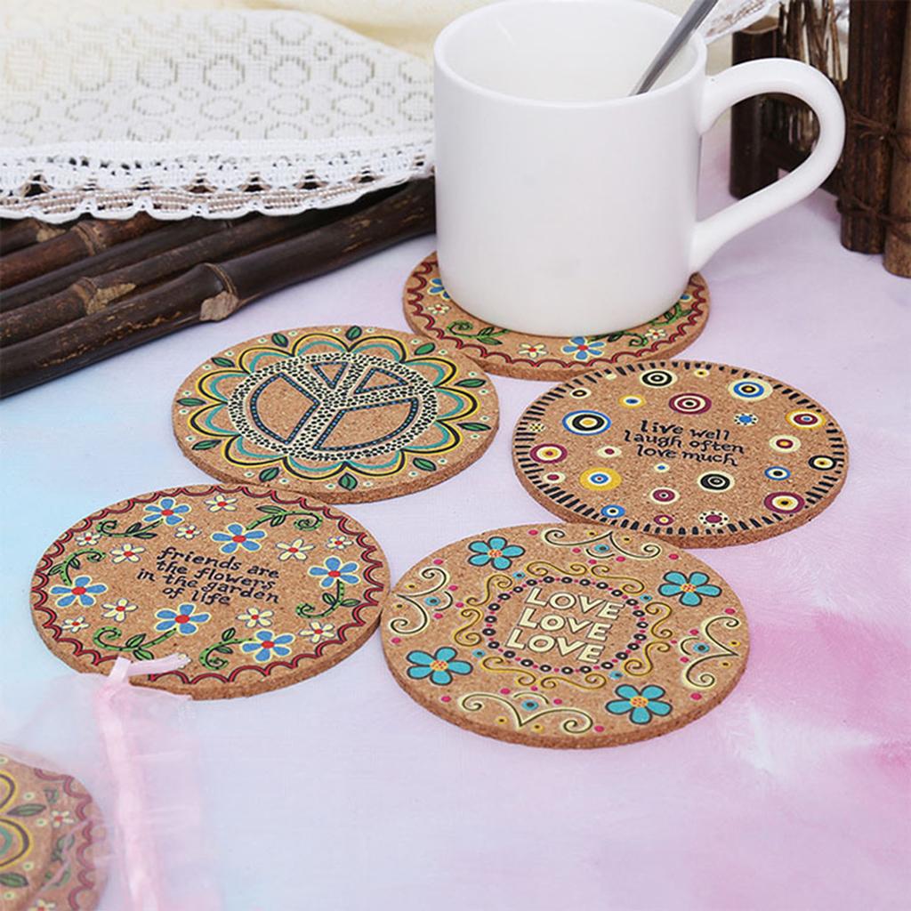 4pcs Natural Cork Drink Coasters Mandala Style Tabletop Mats Anti-Scratch