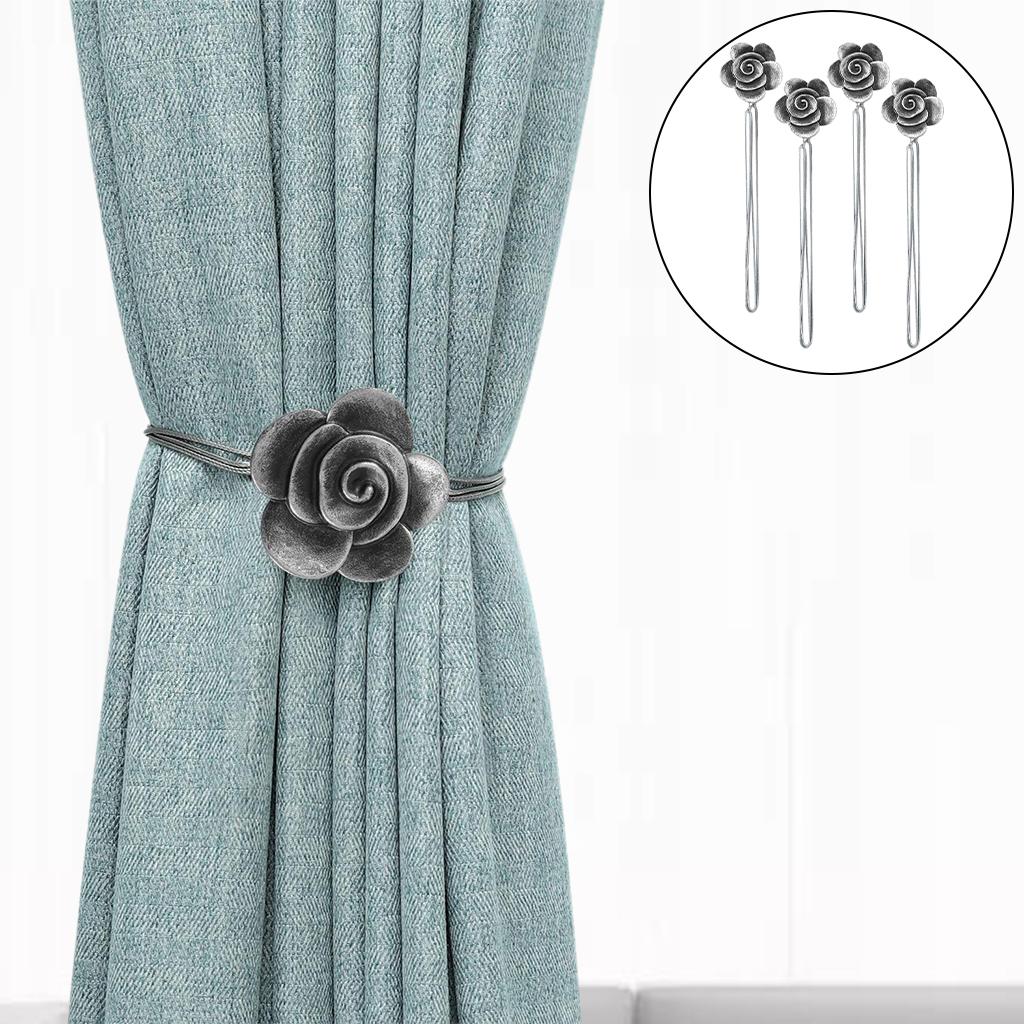 4x Flower Curtain Tiebacks Hooks Holder Buckles Drapery Holdback Black