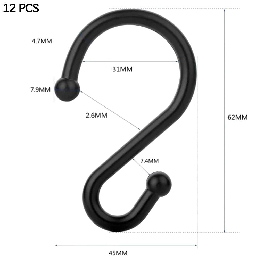 Set of 12 S Shower Curtain Hooks Rings Hanging Clothing Work Shop Office black