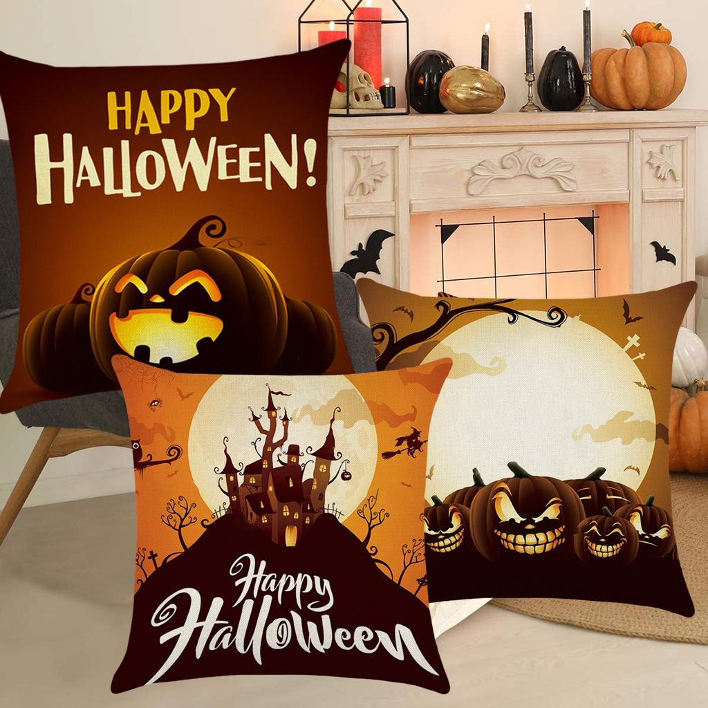 3pcs Soft Linen Pillowcase Halloween Lantern Bedroom Living Room Decor Brown