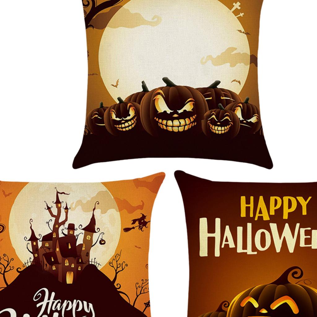 3pcs Soft Linen Pillowcase Halloween Lantern Bedroom Living Room Decor Brown
