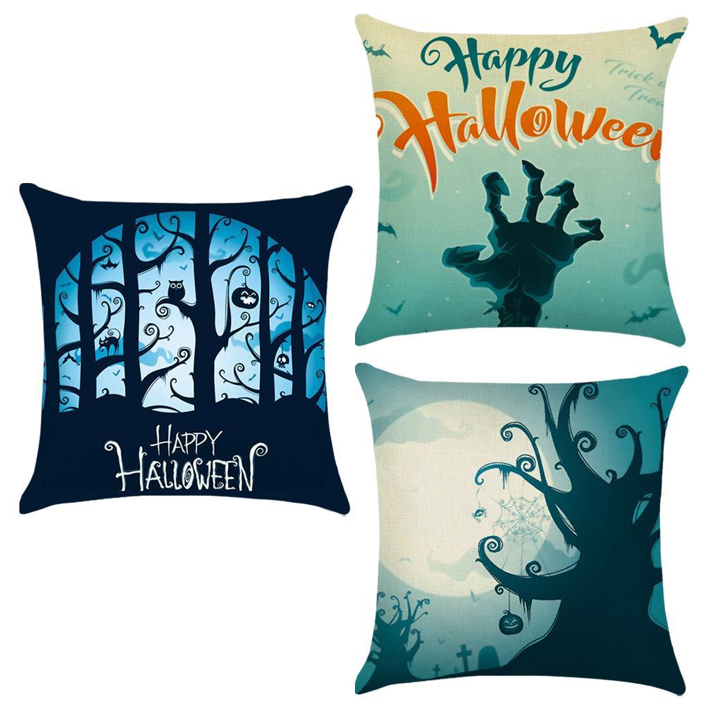 3pcs Soft Linen Pillowcase Halloween Lantern Bedroom Living Room Decor Blue