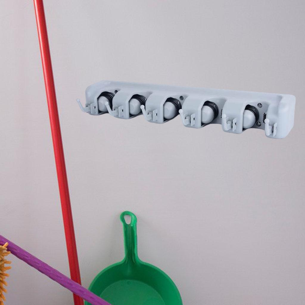 Plastic Mop Holder 5 Slots 6 Hooks Dusters Household Bathroom Accessories Gray