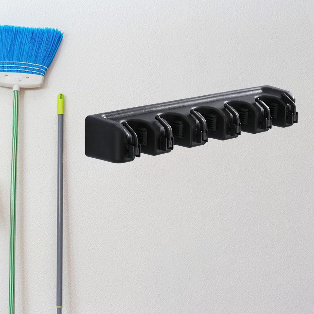 Plastic Mop Holder 5 Slots 6 Hooks Dusters Household Bathroom Accessories Black